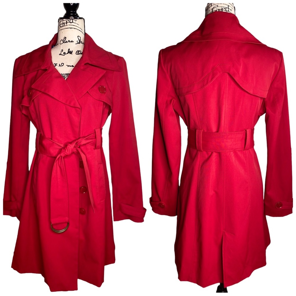 BEBE - Short Trench Coat With Belt In Candy Apple Red - Size Medium
